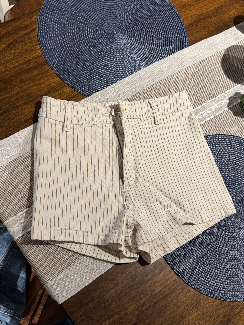 Universal Thread Tan Shorts with Navy Pinstripes
